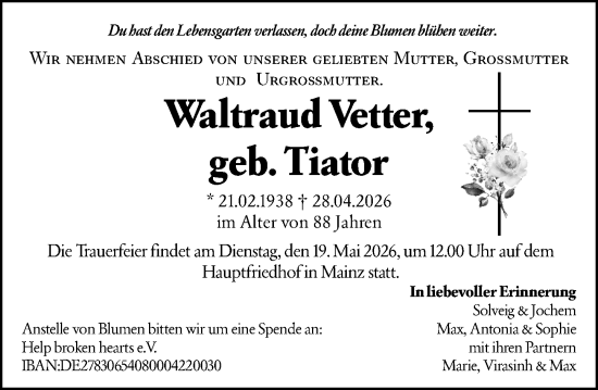 Traueranzeige von Waltraud Vetter von Allgemeine Zeitung Mainz