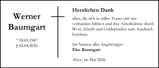 Traueranzeige von Werner Baumgart von Allgemeine Zeitung Alzey