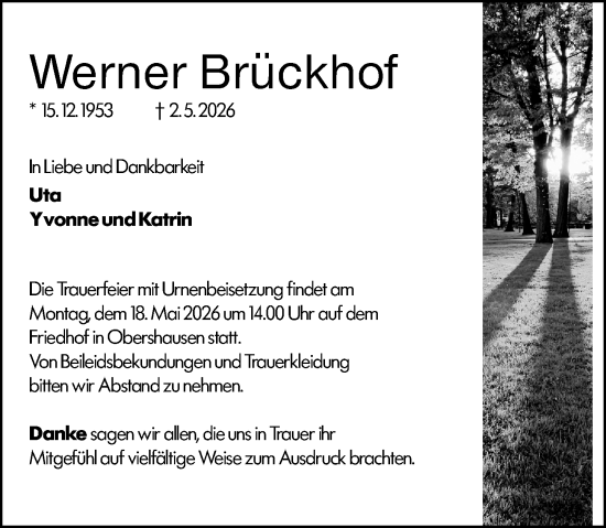 Traueranzeige von Werner Brückhof von Weilburger Tageblatt