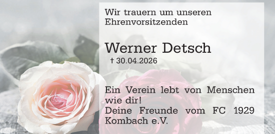 Traueranzeige von Werner Detsch von Hinterländer Anzeiger