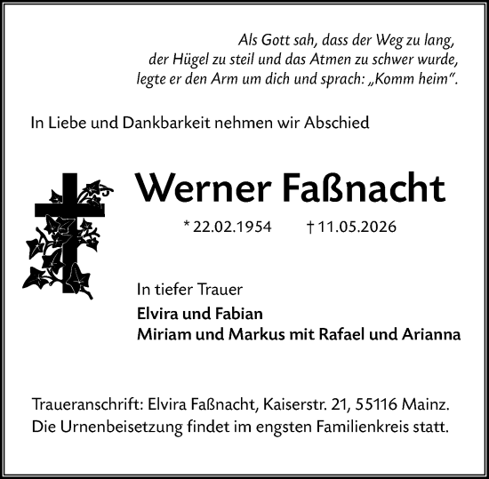 Traueranzeige von Werner Faßnacht von Allgemeine Zeitung Mainz