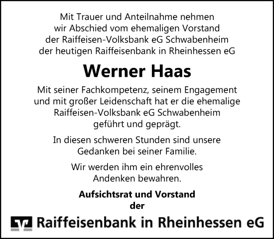 Traueranzeige von Werner Haas von Allgemeine Zeitung Mainz