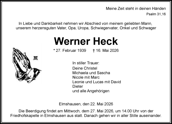 Traueranzeige von Werner Heck von Hinterländer Anzeiger