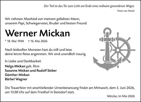 Traueranzeige von Werner Mickan von Wetzlarer Neue Zeitung
