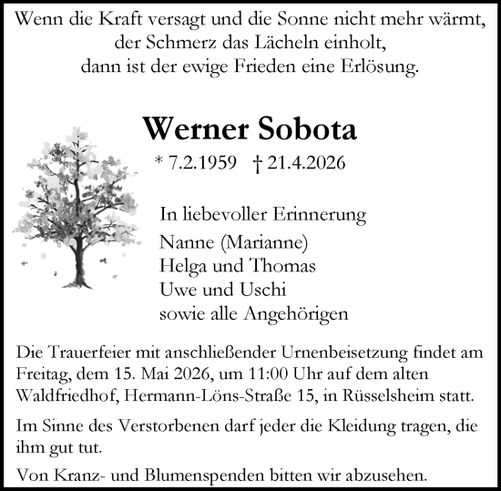 Traueranzeige von Werner Sobota von Rüsselsheimer Echo