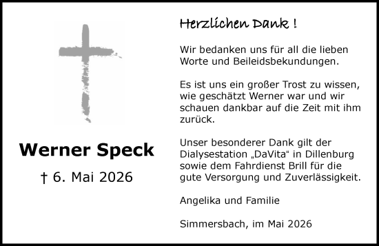 Traueranzeige von Werner Speck von Dill Block