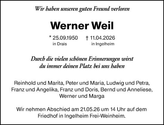 Traueranzeige von Werner Weil von Allgemeine Zeitung Mainz
