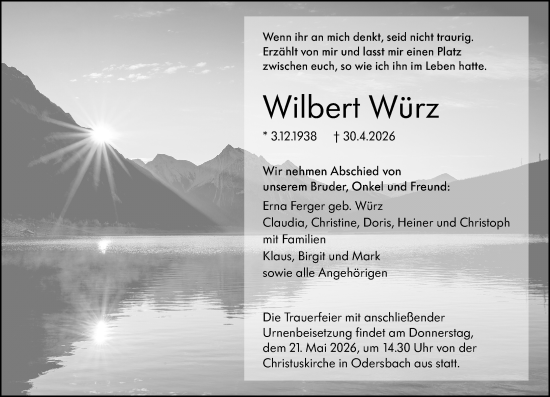 Traueranzeige von Wilbert Würz von Weilburger Tageblatt