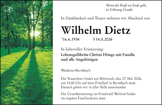 Traueranzeige von Wilhelm Dietz von Camberger Anzeiger