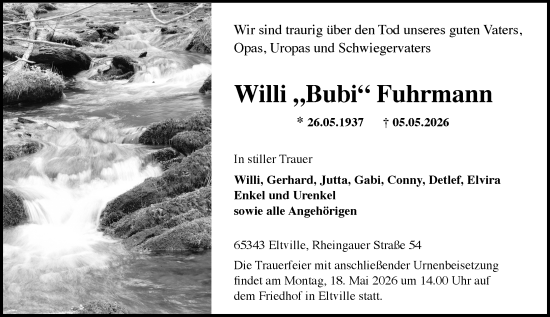 Traueranzeige von Willi Fuhrmann von Rheingau Kurier