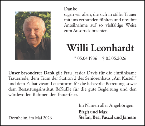 Traueranzeige von Willi Leonhardt von Rüsselsheimer Echo