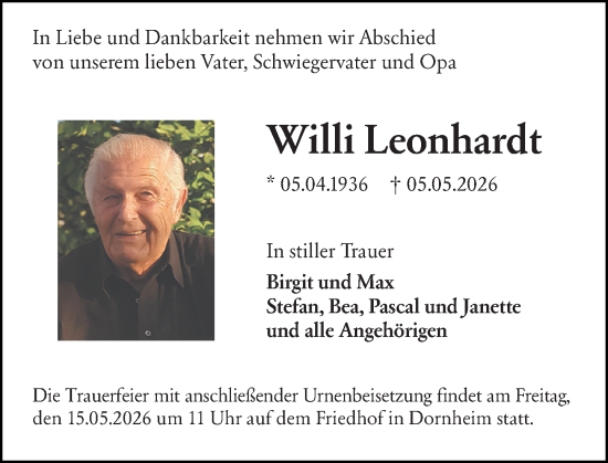 Traueranzeige von Willi Leonhardt von Rüsselsheimer Echo