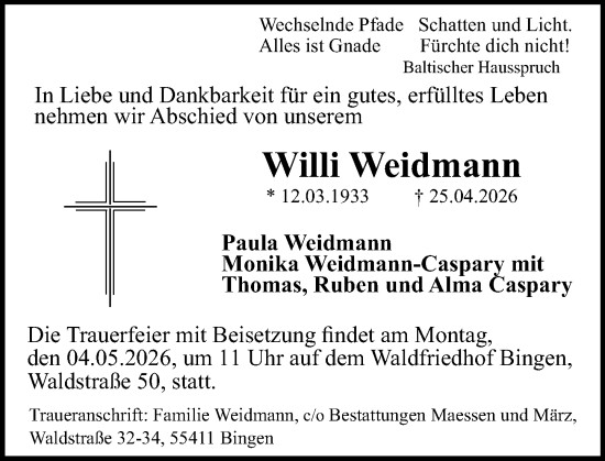 Traueranzeige von Willi Weidmann von Allgemeine Zeitung Rheinhessen-Nahe