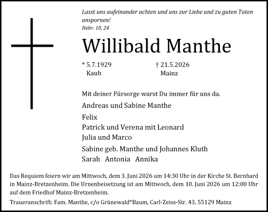 Traueranzeige von Willibald Manthe von Allgemeine Zeitung Mainz