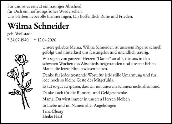 Traueranzeige von Wilma Schneider von Allgemeine Zeitung Mainz