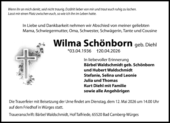 Traueranzeige von Wilma Schönborn von Camberger Anzeiger