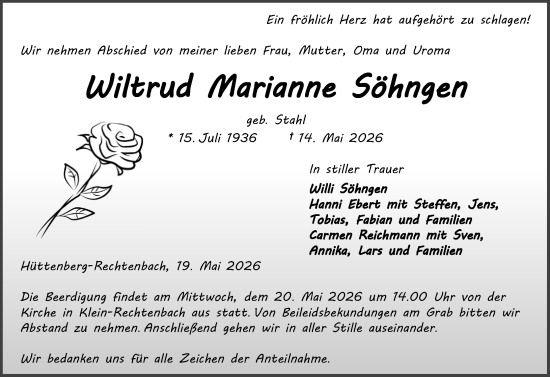 Traueranzeige von Wiltrud Marianne Söhngen von Wetzlarer Neue Zeitung