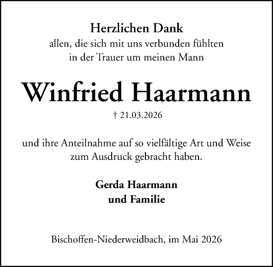 Traueranzeige von Winfried Haarmann von Dill Block