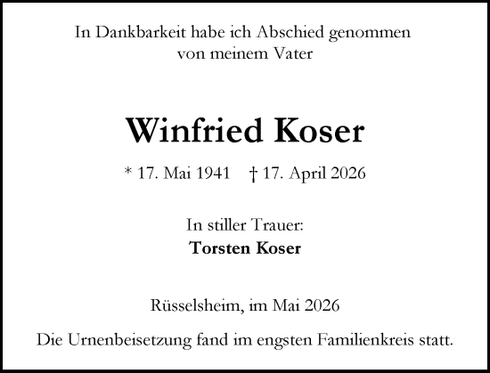 Traueranzeige von Winfried Koser von Rüsselsheimer Echo