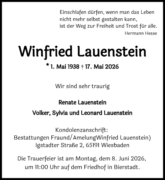 Traueranzeige von Winfried Lauenstein von Wiesbadener Kurier