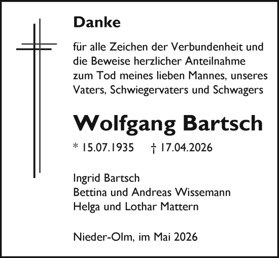 Traueranzeige von Wolfgang Bartsch von Allgemeine Zeitung Mainz