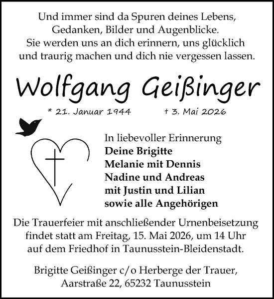Traueranzeige von Wolfgang Geißinger von Wiesbadener Kurier