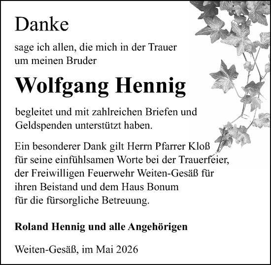 Traueranzeige von Wolfgang Hennig von Odenwälder Echo