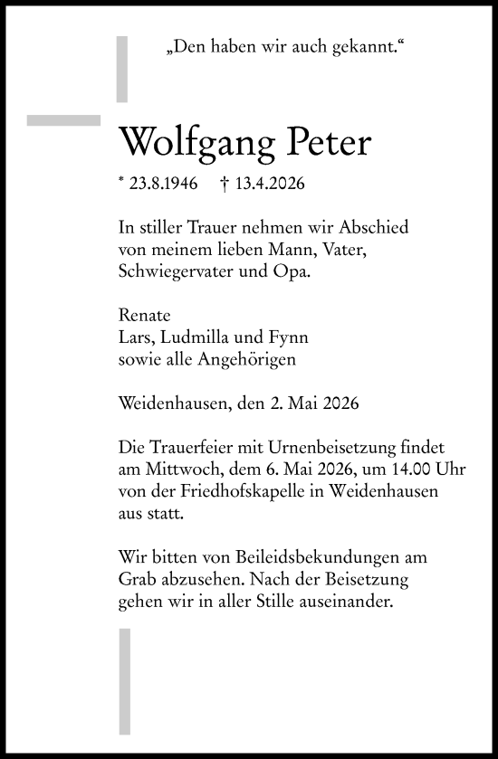 Traueranzeige von Wolfgang Peter von Hinterländer Anzeiger