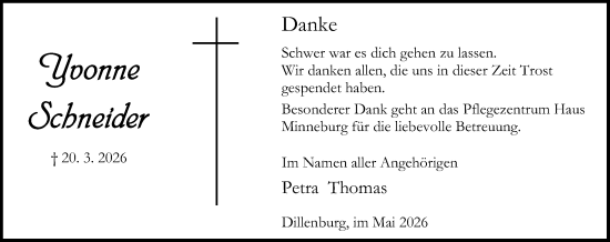 Traueranzeige von Yvonne Schneider von Dill Block