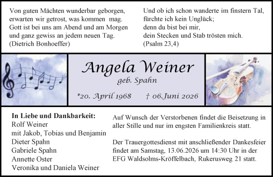 Traueranzeige von Angela Weiner von Weilburger Tageblatt