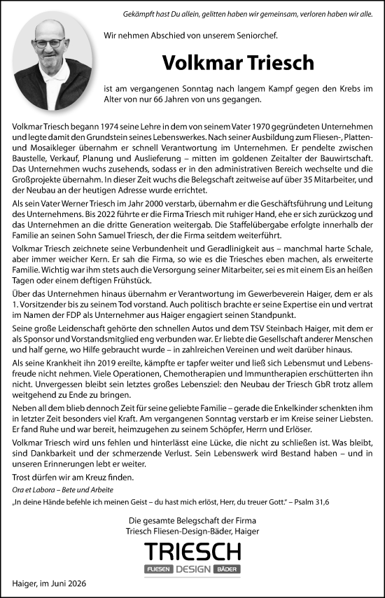 Traueranzeige von Volkmar Triesch von Dill Block