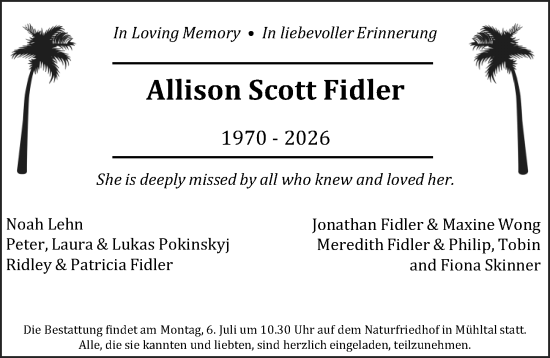 Traueranzeige von Allison Scott Fidler von Wiesbadener Kurier