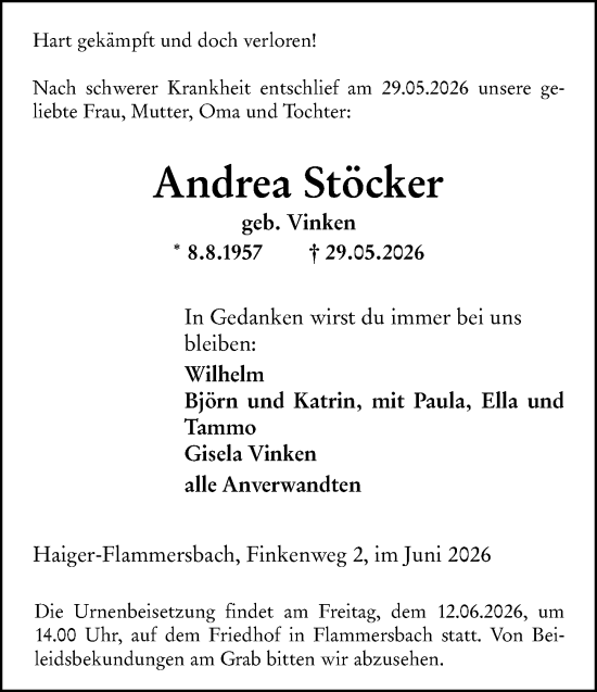 Traueranzeige von Andrea Stöcker von Dill Block