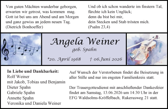 Traueranzeige von Angela Weiner von Weilburger Tageblatt