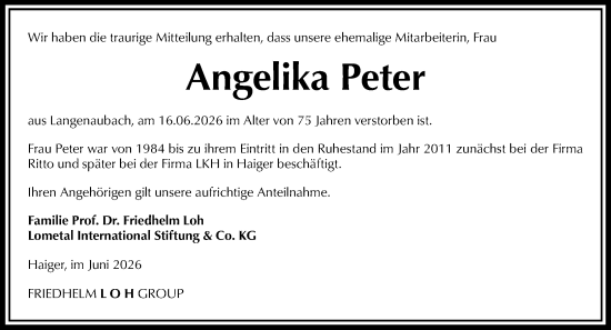 Traueranzeige von Angelika Peter von Dill Block