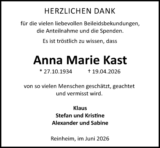 Traueranzeige von Anna Marie Kast von Darmstädter Echo
