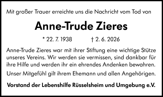 Traueranzeige von Anne-Trude Zieres von Rüsselsheimer Echo