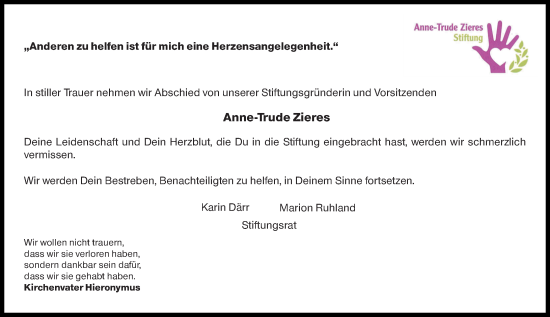 Traueranzeige von Anne-Trude Zieres von Rüsselsheimer Echo