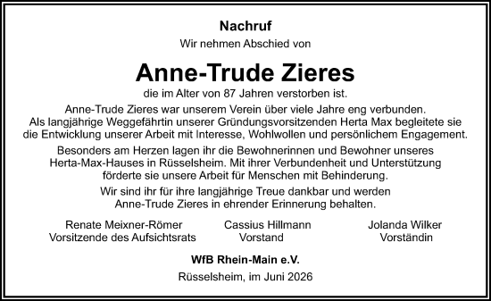 Traueranzeige von Anne-Trude Zieres von Rüsselsheimer Echo