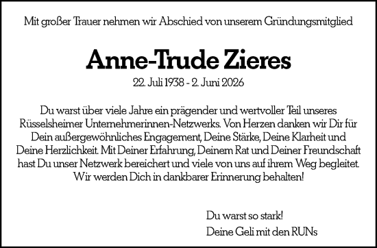 Traueranzeige von Anne-Trude Zieres von Rüsselsheimer Echo