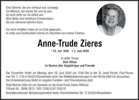 Traueranzeige von Anne-Trude Zieres von Rüsselsheimer Echo