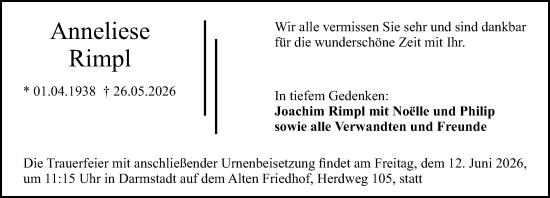 Traueranzeige von Anneliese Rimpl von Darmstädter Echo