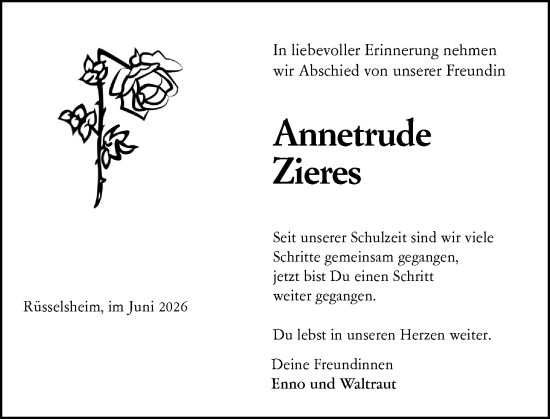 Traueranzeige von Annetrude Zieres von Rüsselsheimer Echo