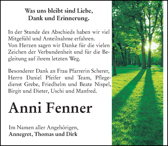 Traueranzeige von Anni Fenner von Hinterländer Anzeiger
