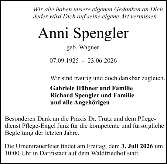 Traueranzeige von Anni Spengler von Darmstädter Echo