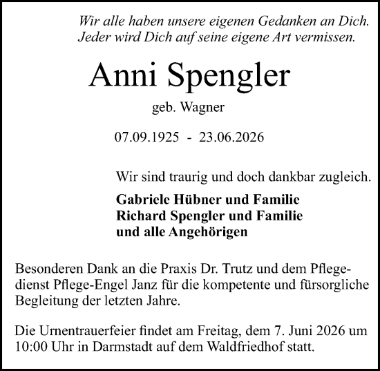 Traueranzeige von Anni Spengler von Darmstädter Echo