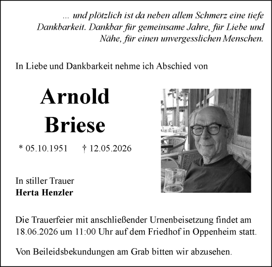 Traueranzeige von Arnold Briese von Allgemeine Zeitung Mainz
