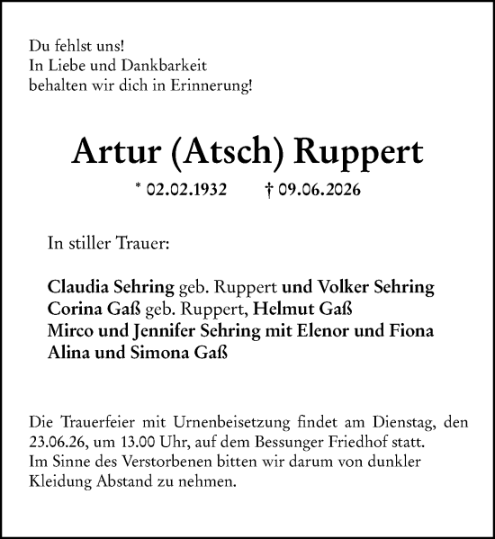 Traueranzeige von Artur Ruppert von Darmstädter Echo