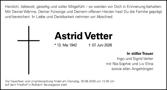 Traueranzeige von Astrid Vetter von Dieburger Anzeiger/Groß-Zimmerner Lokal-Anzeiger