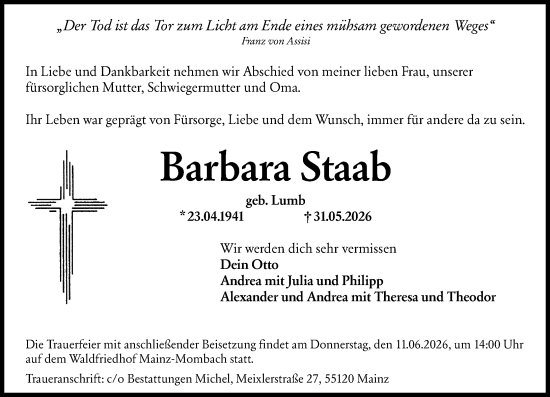 Traueranzeige von Barbara Staab von Allgemeine Zeitung Mainz